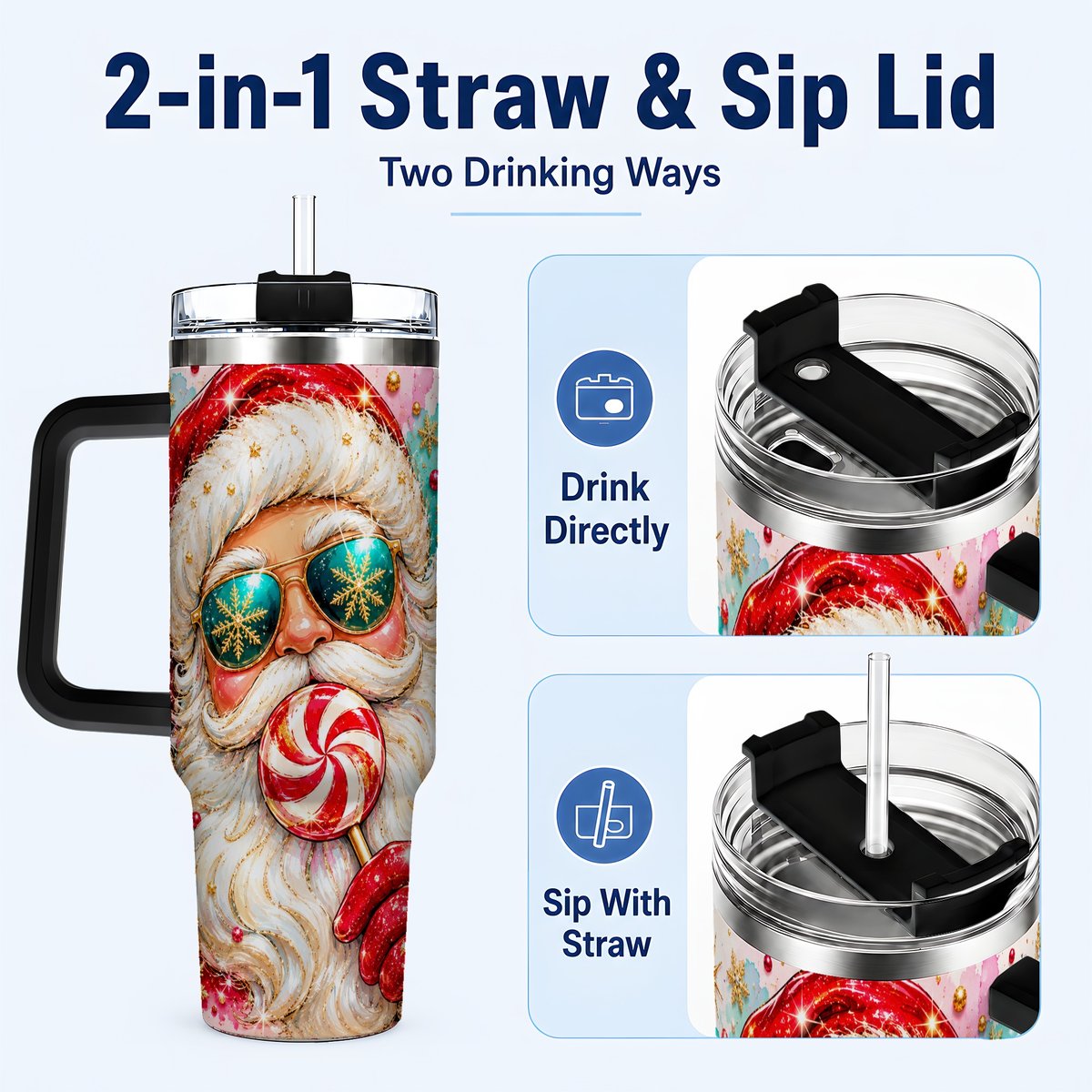 #pl[40oz|Black] Peppermint Santa 40oz Tumbler with Handle, Holiday Travel Cup for Women