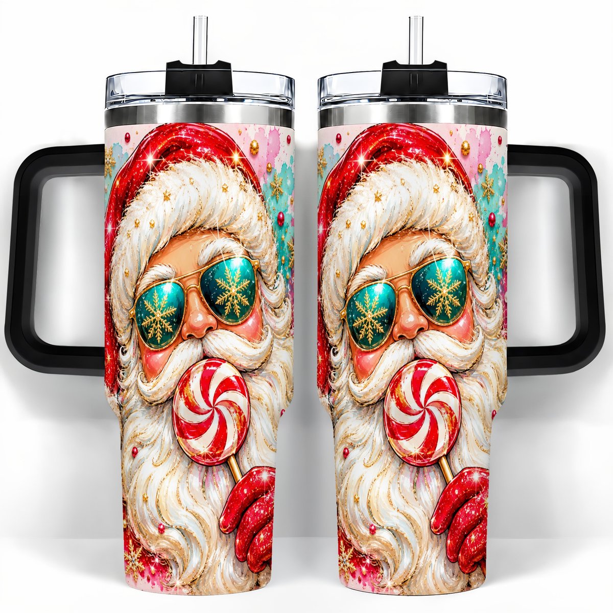 #pl[40oz|Black] Peppermint Santa 40oz Tumbler with Handle, Holiday Travel Cup for Women
