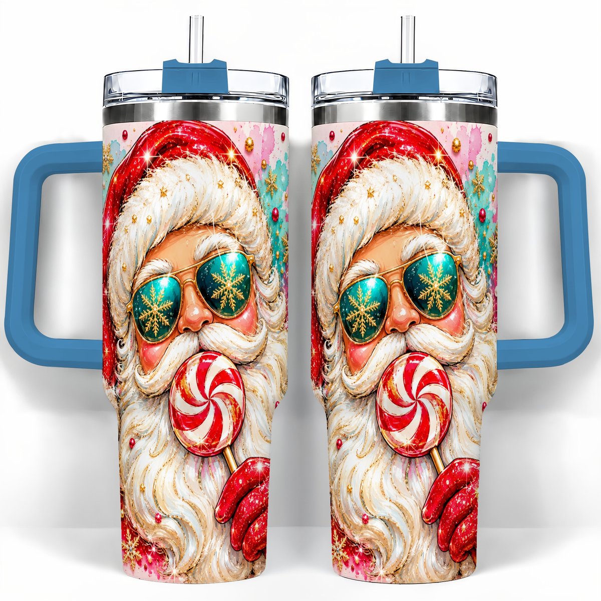 #pl[40oz|Blue] Peppermint Santa 40oz Tumbler with Handle, Holiday Travel Cup for Women