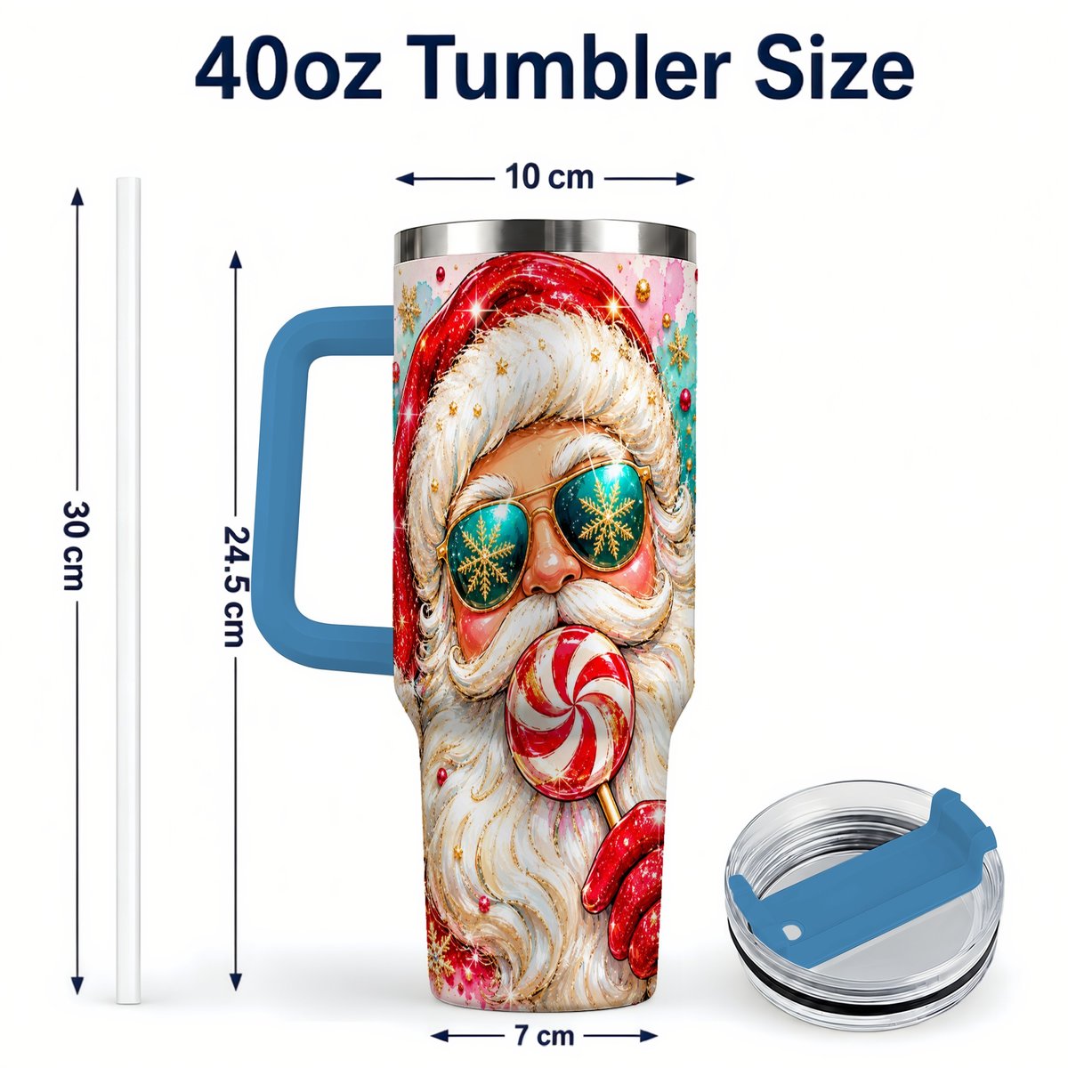 #pl[40oz|Blue] Peppermint Santa 40oz Tumbler with Handle, Holiday Travel Cup for Women