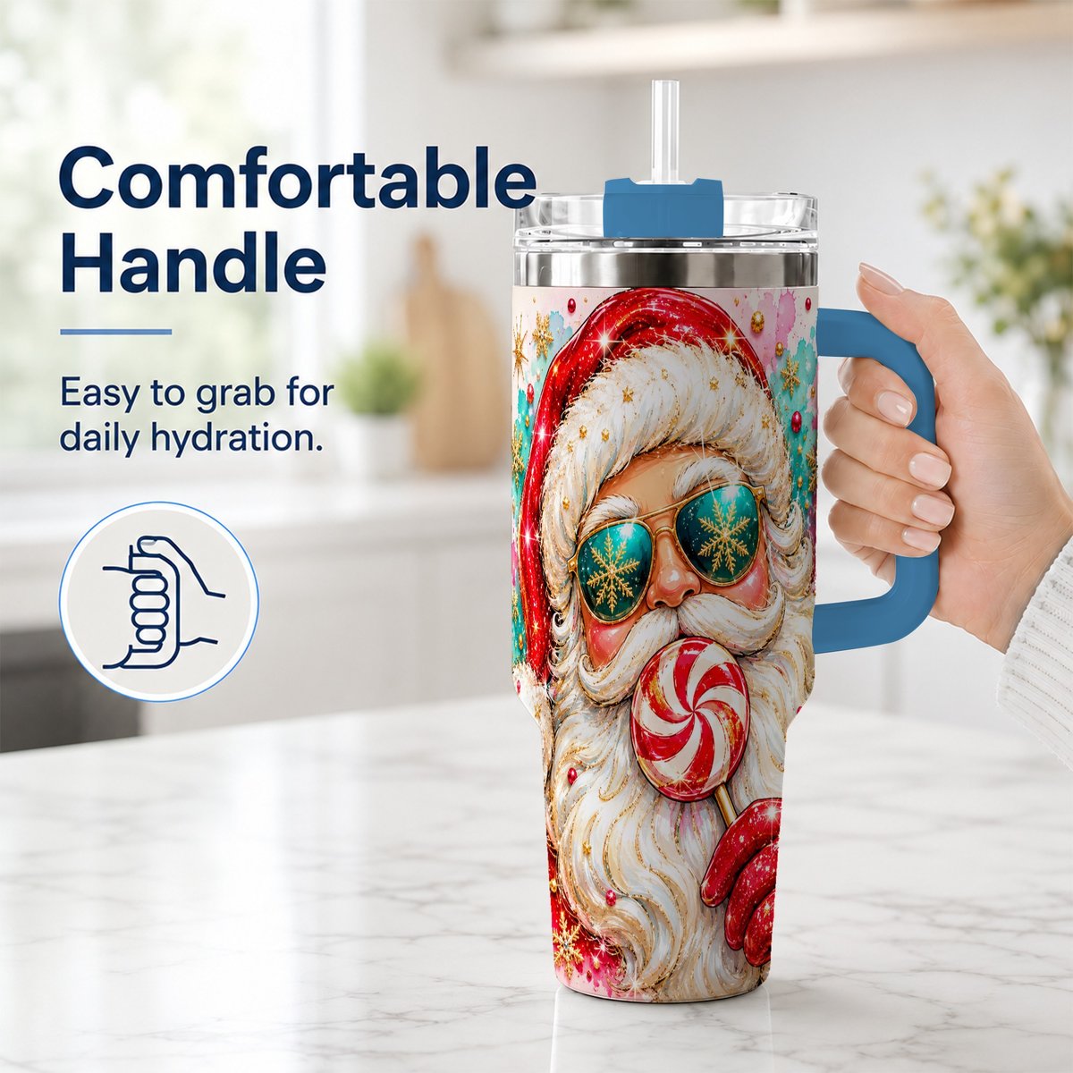 #pl[40oz|Blue] Peppermint Santa 40oz Tumbler with Handle, Holiday Travel Cup for Women