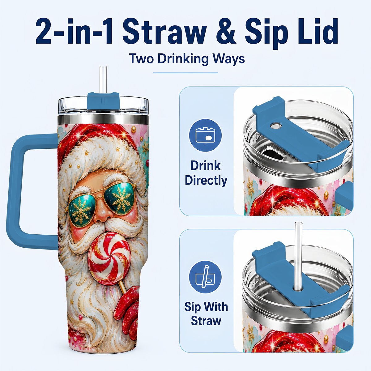#pl[40oz|Blue] Peppermint Santa 40oz Tumbler with Handle, Holiday Travel Cup for Women
