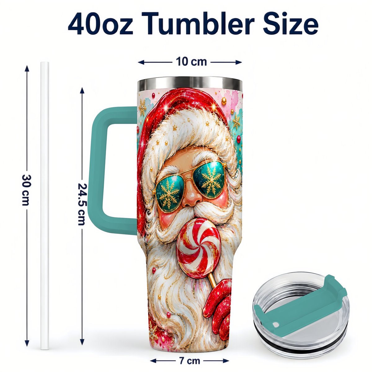 #pl[40oz|Green] Peppermint Santa 40oz Tumbler with Handle, Holiday Travel Cup for Women