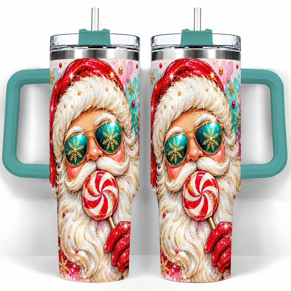 #pl[40oz|Green] Peppermint Santa 40oz Tumbler with Handle, Holiday Travel Cup for Women
