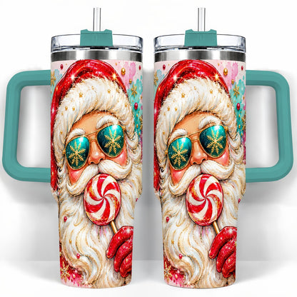 #pl[40oz|Green] Peppermint Santa 40oz Tumbler with Handle, Holiday Travel Cup for Women