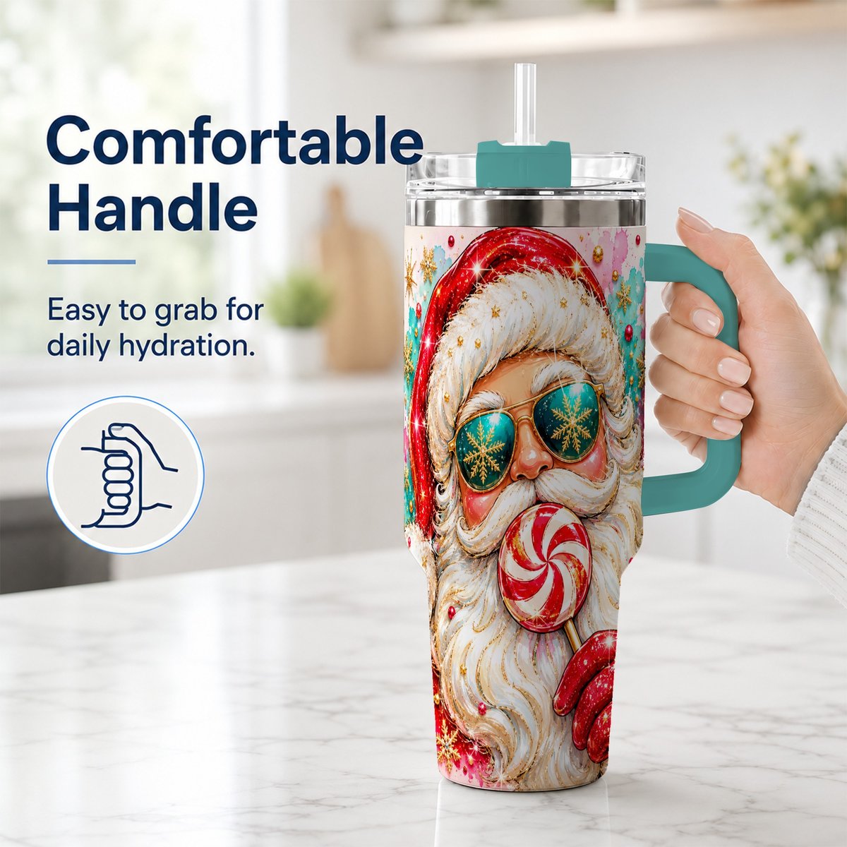 #pl[40oz|Green] Peppermint Santa 40oz Tumbler with Handle, Holiday Travel Cup for Women