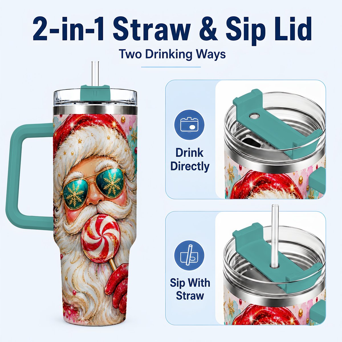 #pl[40oz|Green] Peppermint Santa 40oz Tumbler with Handle, Holiday Travel Cup for Women