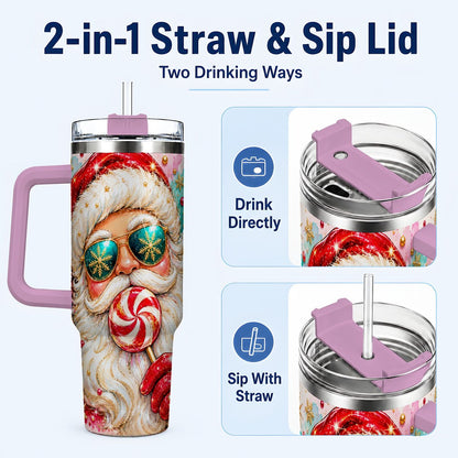 #pl[40oz|Pink] Peppermint Santa 40oz Tumbler with Handle, Holiday Travel Cup for Women