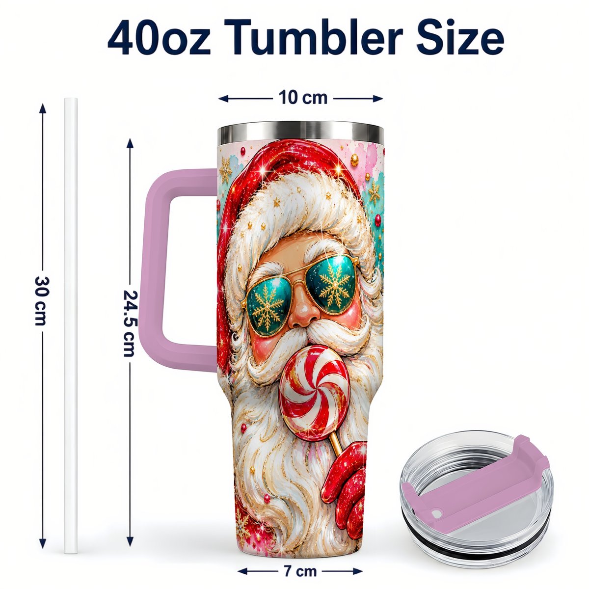 #pl[40oz|Pink] Peppermint Santa 40oz Tumbler with Handle, Holiday Travel Cup for Women