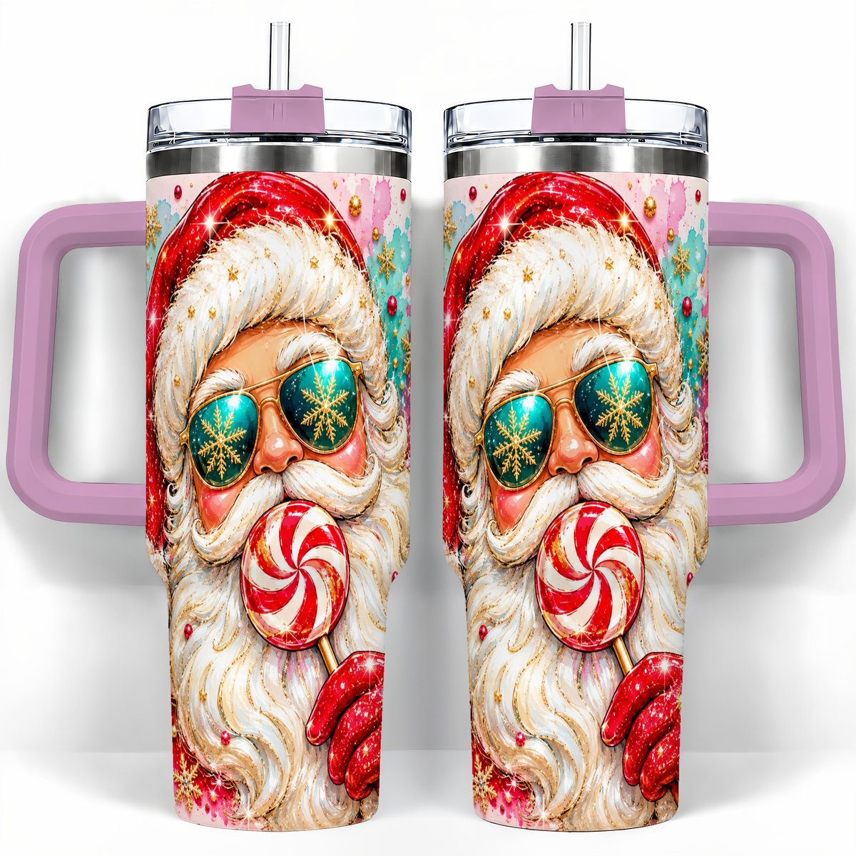 #pl[40oz|Pink] Peppermint Santa 40oz Tumbler with Handle, Holiday Travel Cup for Women