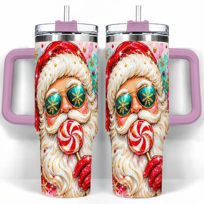#pl[40oz|Pink] Peppermint Santa 40oz Tumbler with Handle, Holiday Travel Cup for Women