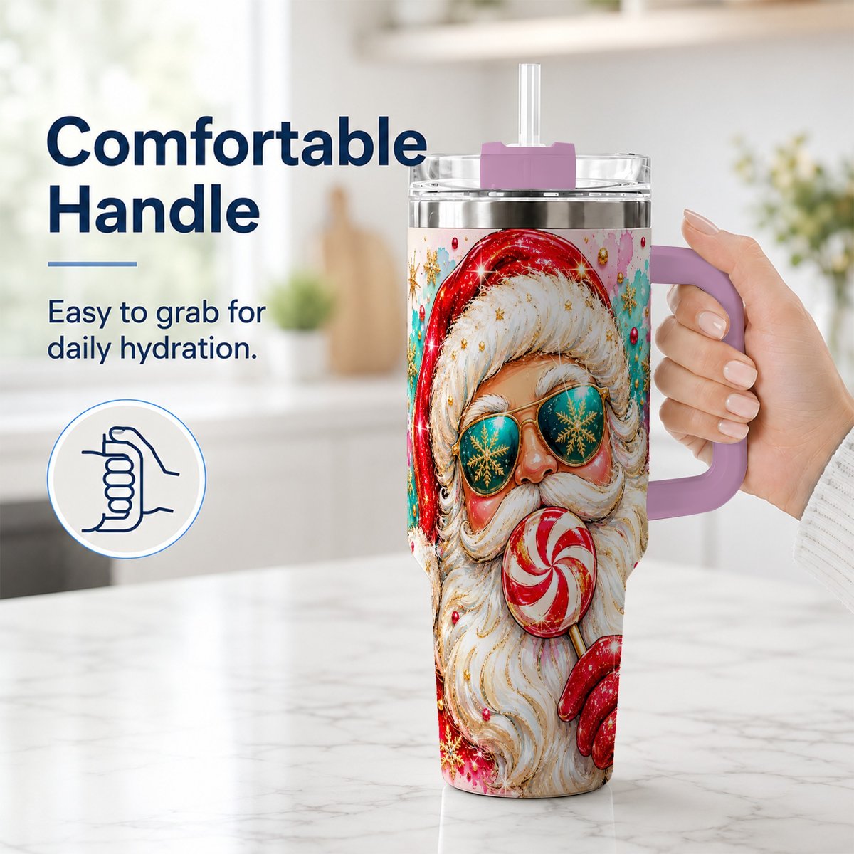 #pl[40oz|Pink] Peppermint Santa 40oz Tumbler with Handle, Holiday Travel Cup for Women