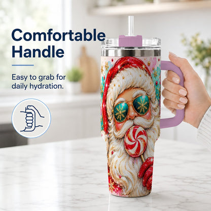 #pl[40oz|Pink] Peppermint Santa 40oz Tumbler with Handle, Holiday Travel Cup for Women