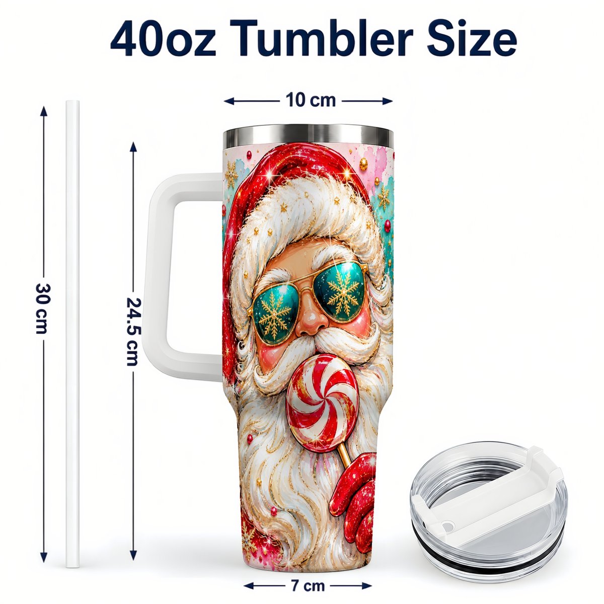 #pl[40oz|White] Peppermint Santa 40oz Tumbler with Handle, Holiday Travel Cup for Women