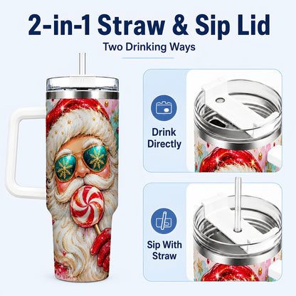 #pl[40oz|White] Peppermint Santa 40oz Tumbler with Handle, Holiday Travel Cup for Women