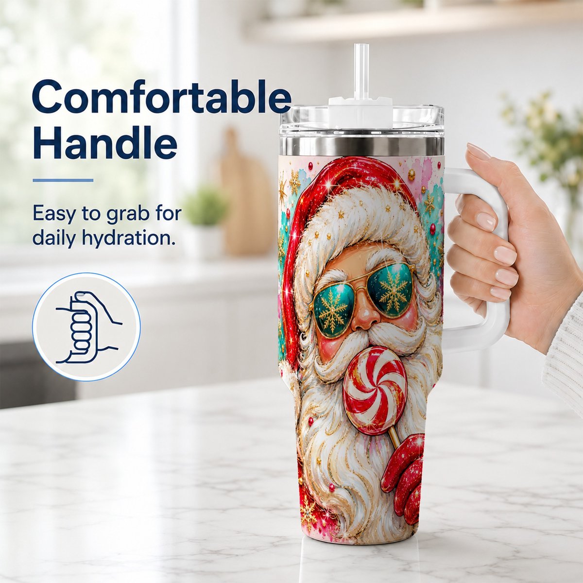 #pl[40oz|White] Peppermint Santa 40oz Tumbler with Handle, Holiday Travel Cup for Women