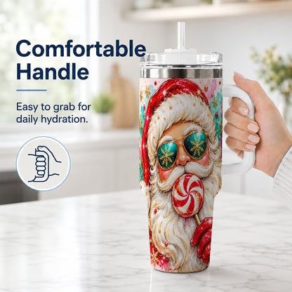 #pl[40oz|White] Peppermint Santa 40oz Tumbler with Handle, Holiday Travel Cup for Women