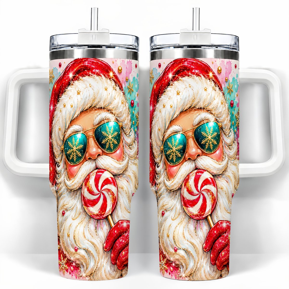 Peppermint Santa 40oz Tumbler with Handle, Holiday Travel Cup for Women