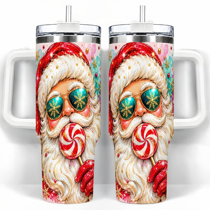 Peppermint Santa 40oz Tumbler with Handle, Holiday Travel Cup for Women