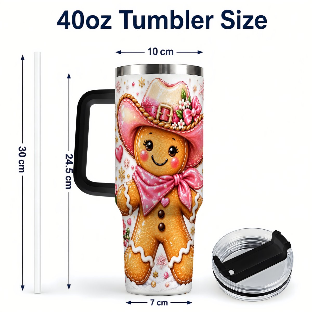 #pl[40oz|Black] Gingerbread Cowgirl 40oz Tumbler with Handle, Holiday Travel Cup for Women