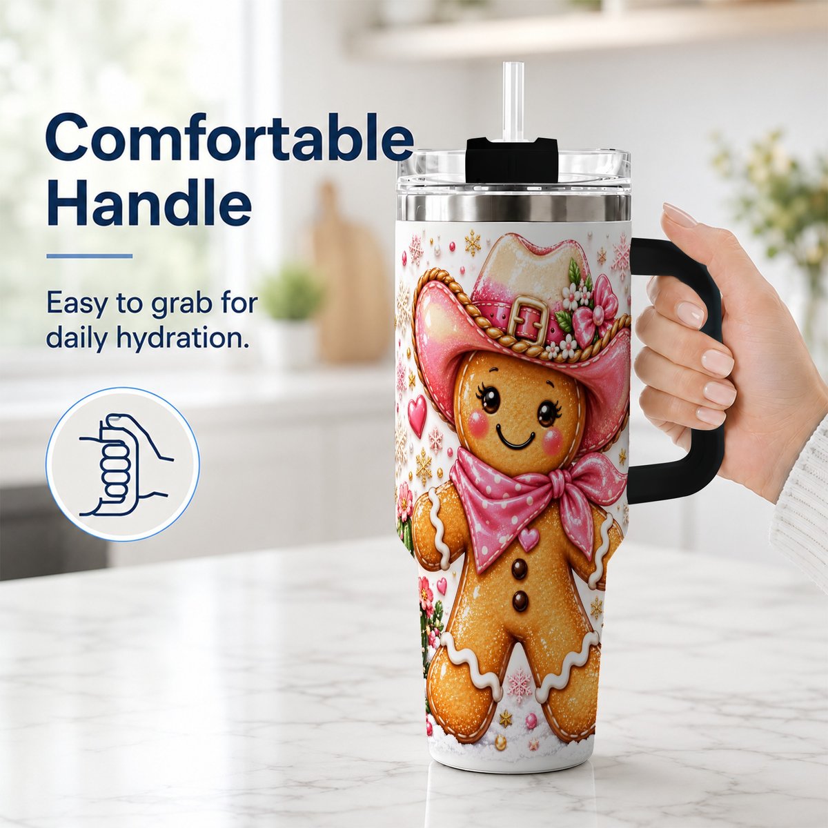 #pl[40oz|Black] Gingerbread Cowgirl 40oz Tumbler with Handle, Holiday Travel Cup for Women