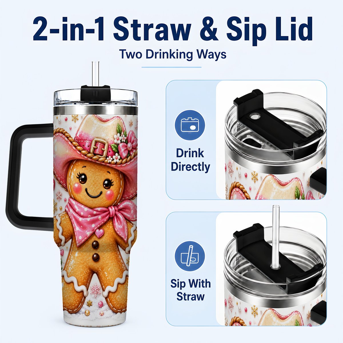 #pl[40oz|Black] Gingerbread Cowgirl 40oz Tumbler with Handle, Holiday Travel Cup for Women
