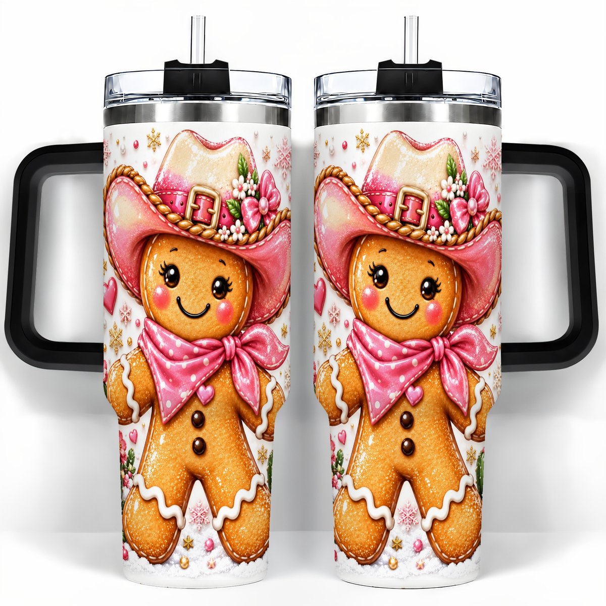 #pl[40oz|Black] Gingerbread Cowgirl 40oz Tumbler with Handle, Holiday Travel Cup for Women