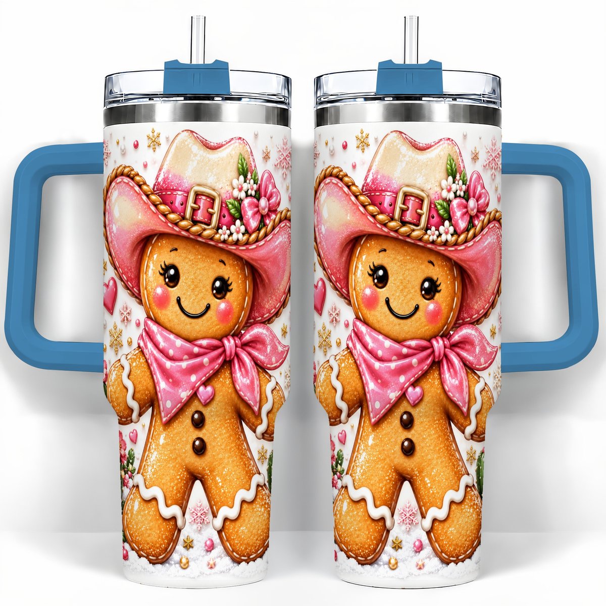 #pl[40oz|Blue] Gingerbread Cowgirl 40oz Tumbler with Handle, Holiday Travel Cup for Women