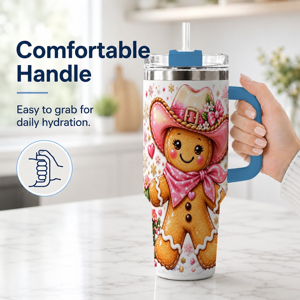 #pl[40oz|Blue] Gingerbread Cowgirl 40oz Tumbler with Handle, Holiday Travel Cup for Women