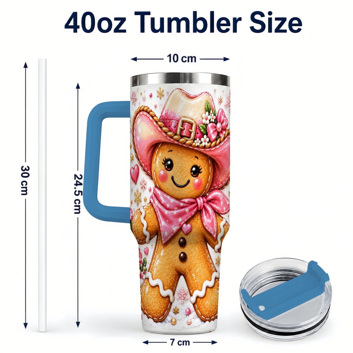 #pl[40oz|Blue] Gingerbread Cowgirl 40oz Tumbler with Handle, Holiday Travel Cup for Women