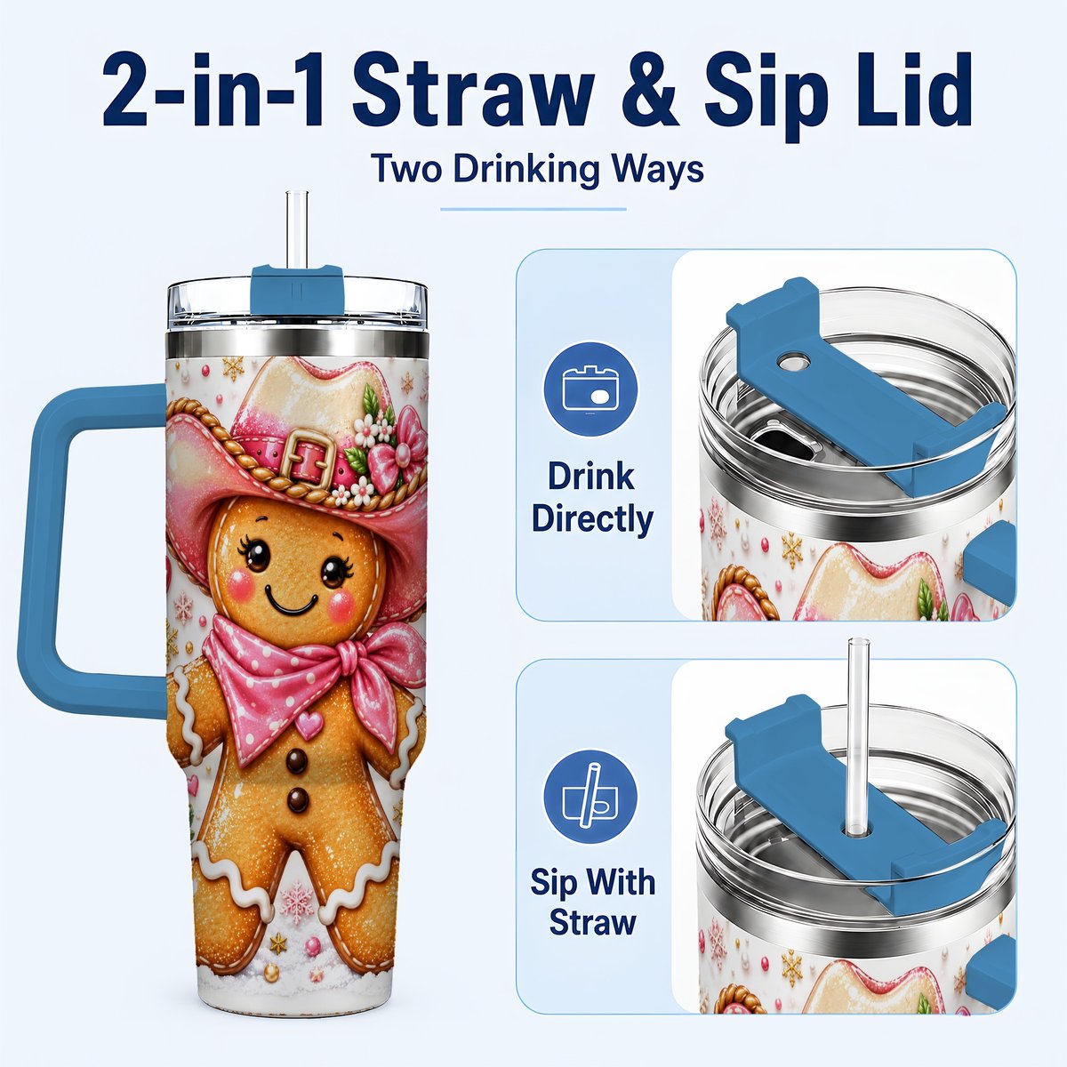 #pl[40oz|Blue] Gingerbread Cowgirl 40oz Tumbler with Handle, Holiday Travel Cup for Women