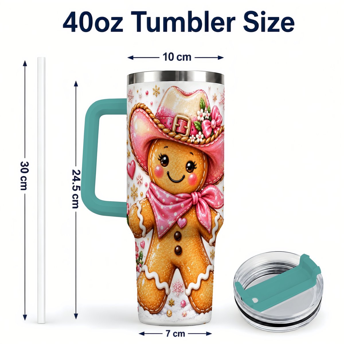 #pl[40oz|Green] Gingerbread Cowgirl 40oz Tumbler with Handle, Holiday Travel Cup for Women