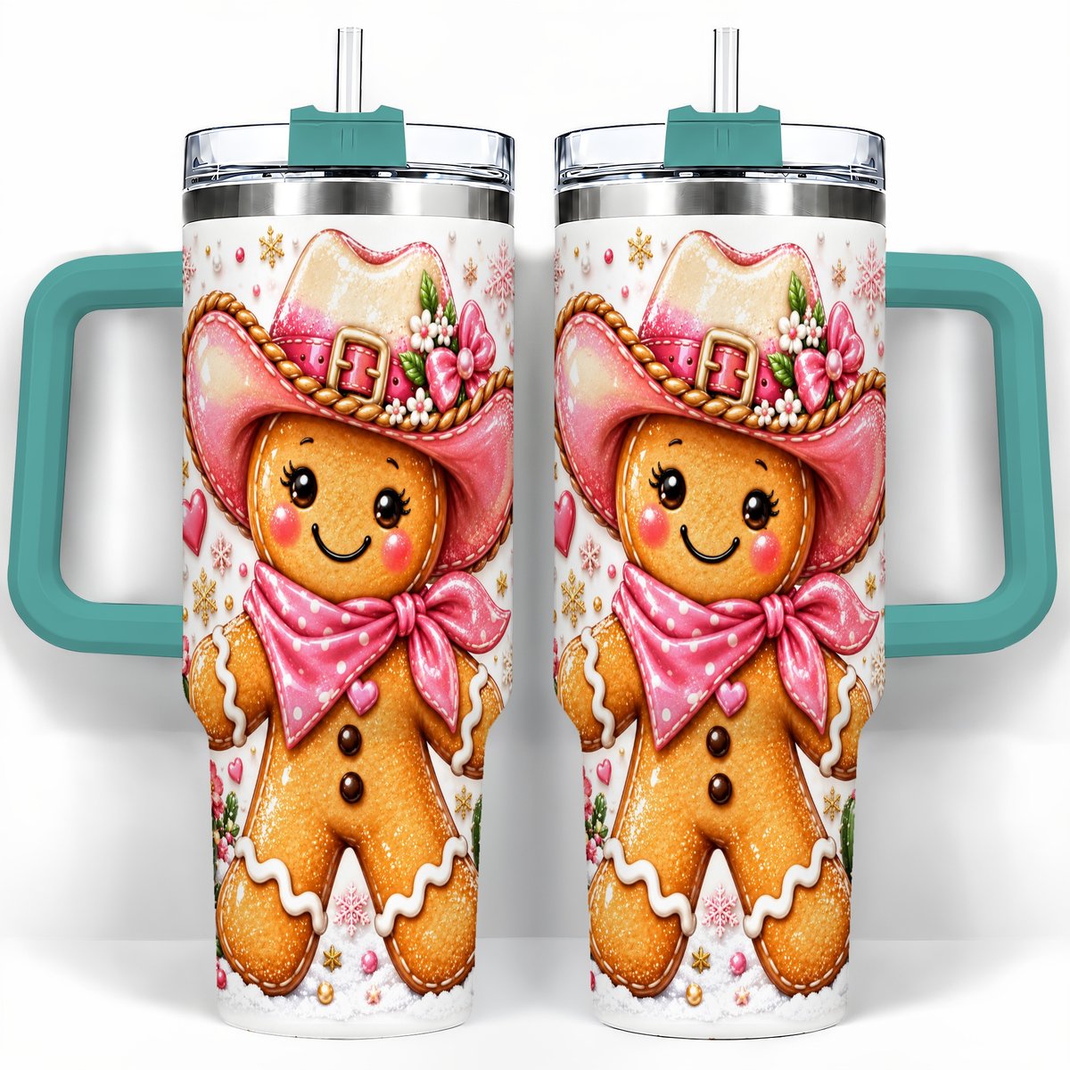 #pl[40oz|Green] Gingerbread Cowgirl 40oz Tumbler with Handle, Holiday Travel Cup for Women