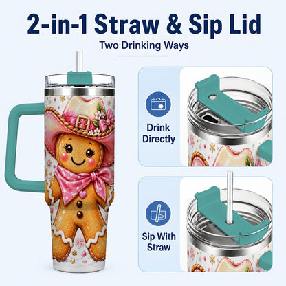 #pl[40oz|Green] Gingerbread Cowgirl 40oz Tumbler with Handle, Holiday Travel Cup for Women