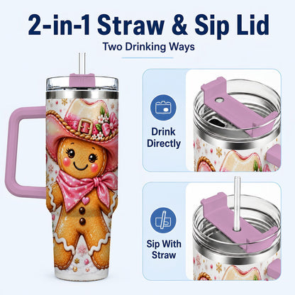 #pl[40oz|Pink] Gingerbread Cowgirl 40oz Tumbler with Handle, Holiday Travel Cup for Women