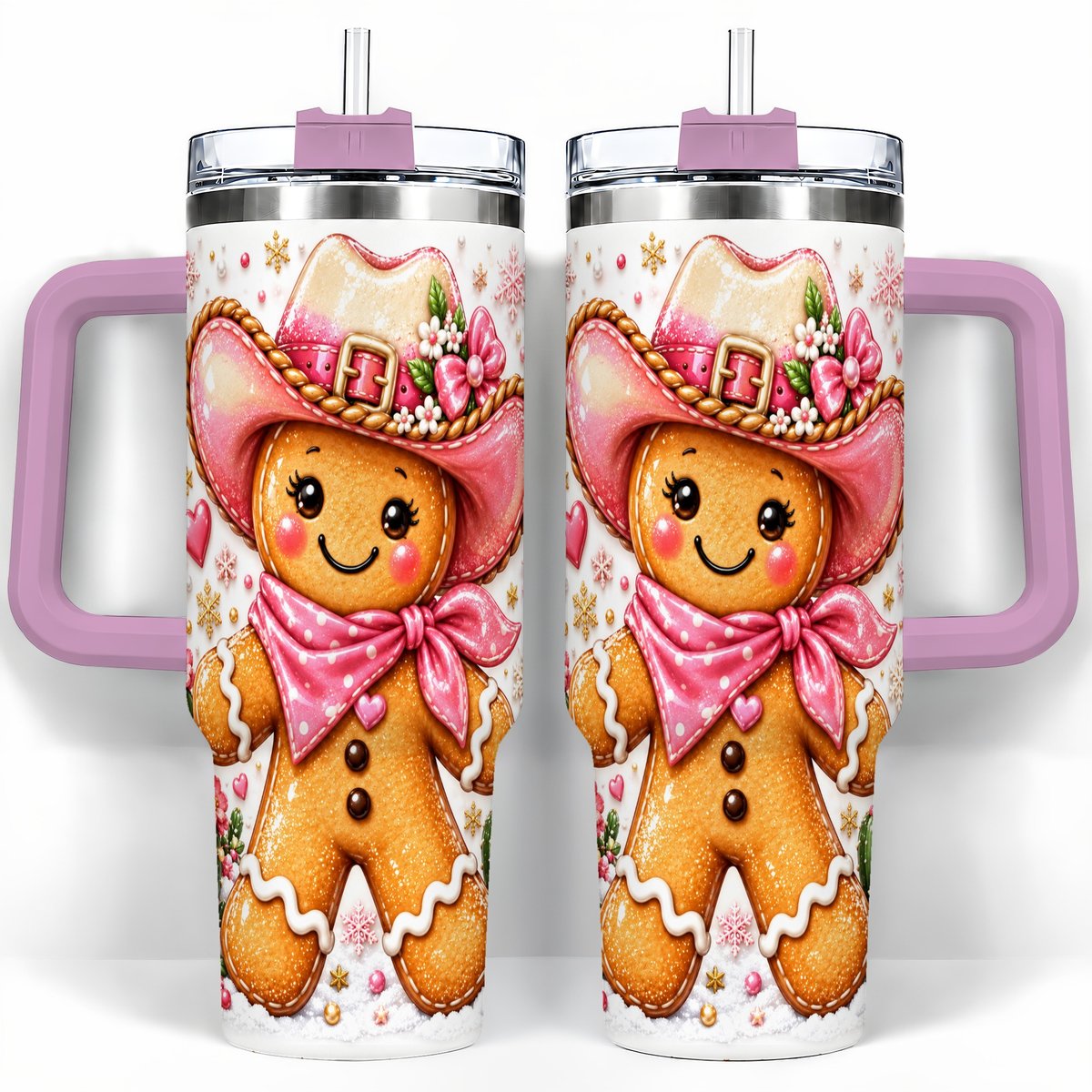 #pl[40oz|Pink] Gingerbread Cowgirl 40oz Tumbler with Handle, Holiday Travel Cup for Women