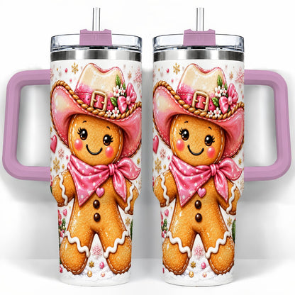 #pl[40oz|Pink] Gingerbread Cowgirl 40oz Tumbler with Handle, Holiday Travel Cup for Women
