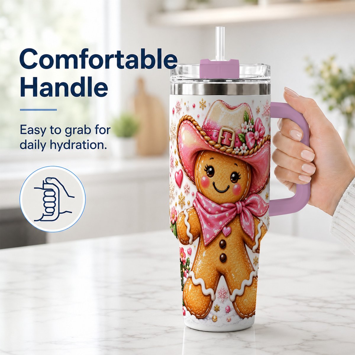 #pl[40oz|Pink] Gingerbread Cowgirl 40oz Tumbler with Handle, Holiday Travel Cup for Women