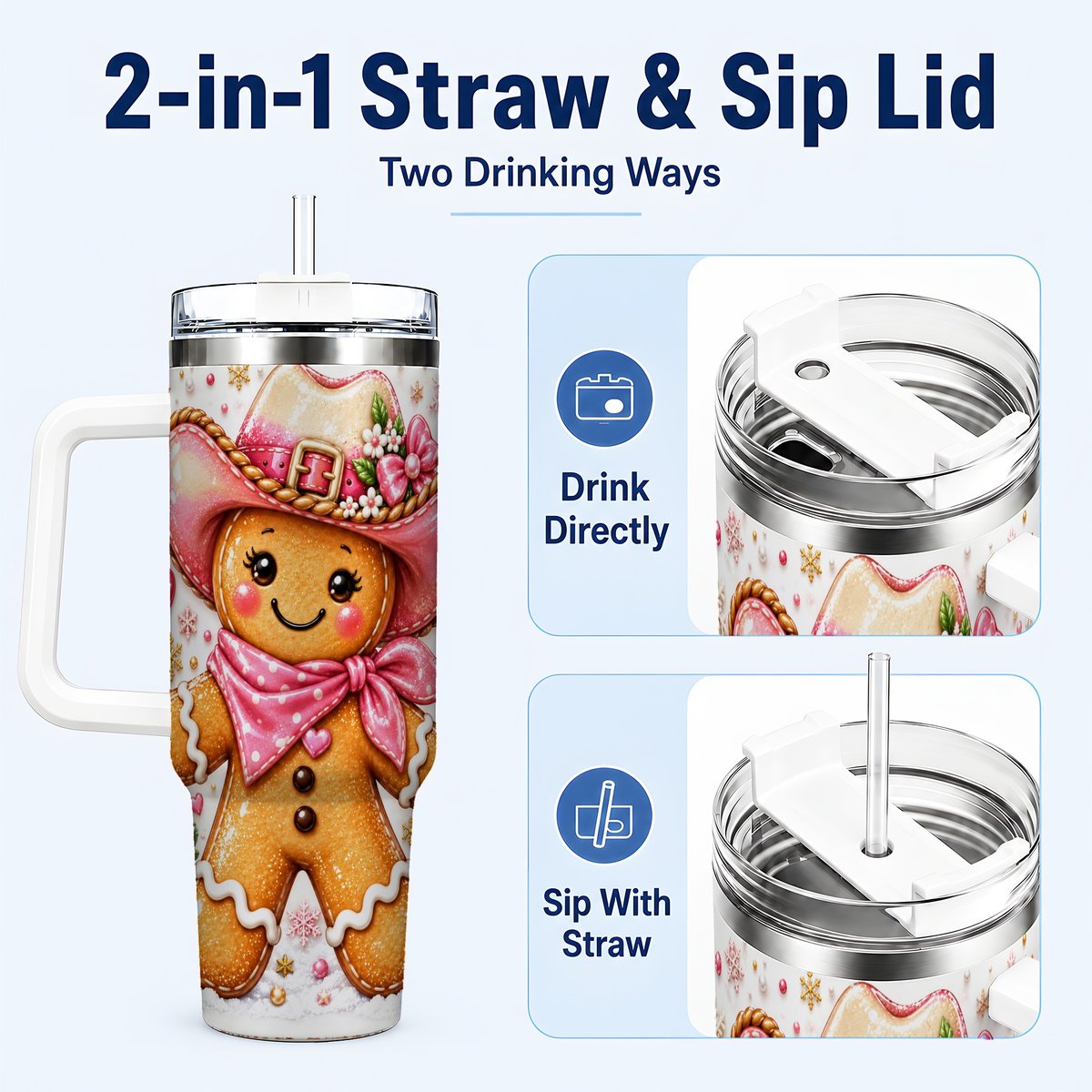 #pl[40oz|White] Gingerbread Cowgirl 40oz Tumbler with Handle, Holiday Travel Cup for Women