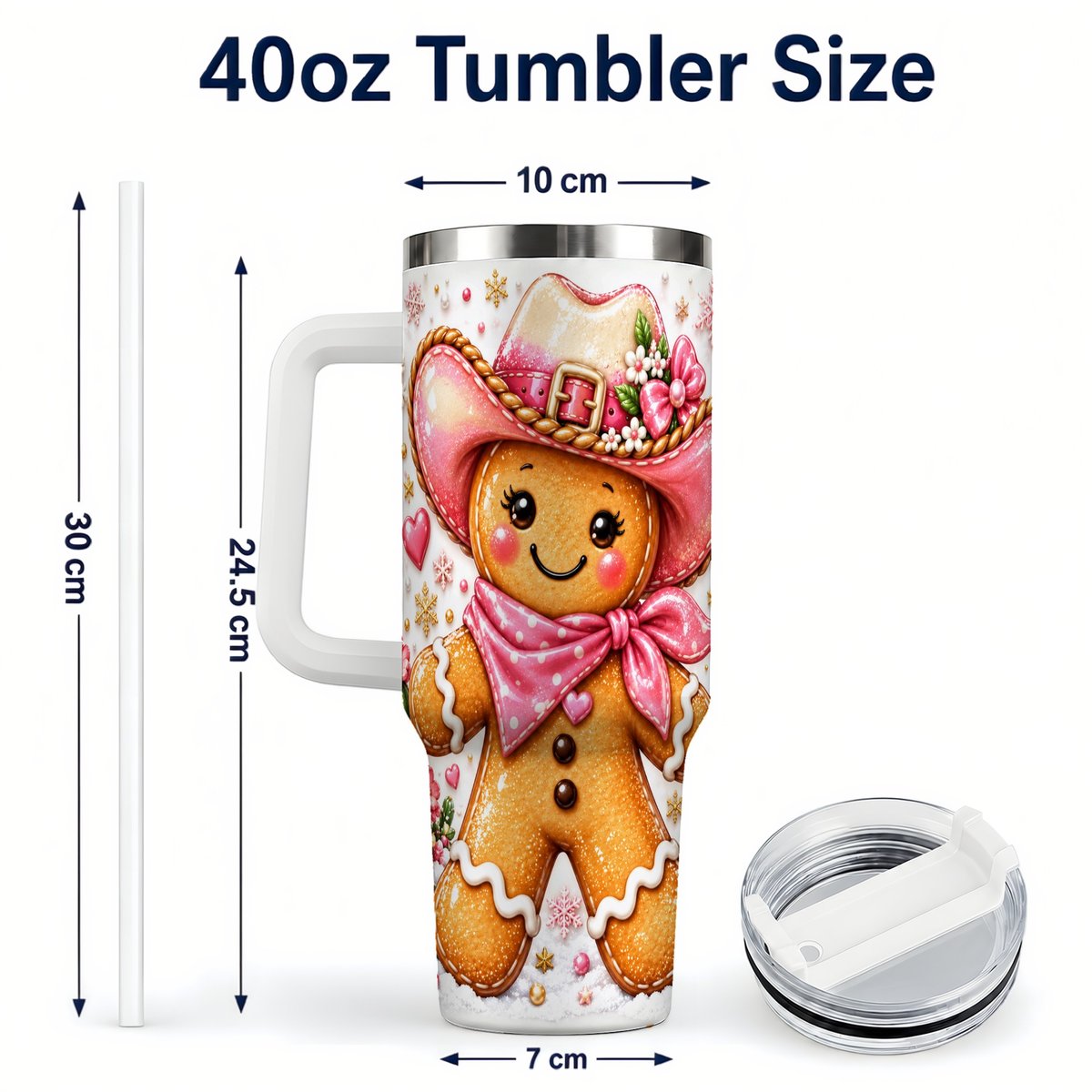 #pl[40oz|White] Gingerbread Cowgirl 40oz Tumbler with Handle, Holiday Travel Cup for Women
