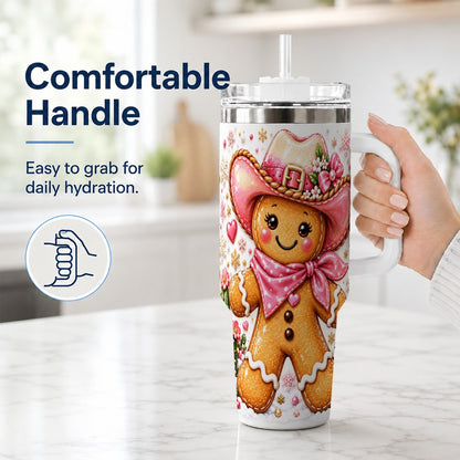 #pl[40oz|White] Gingerbread Cowgirl 40oz Tumbler with Handle, Holiday Travel Cup for Women
