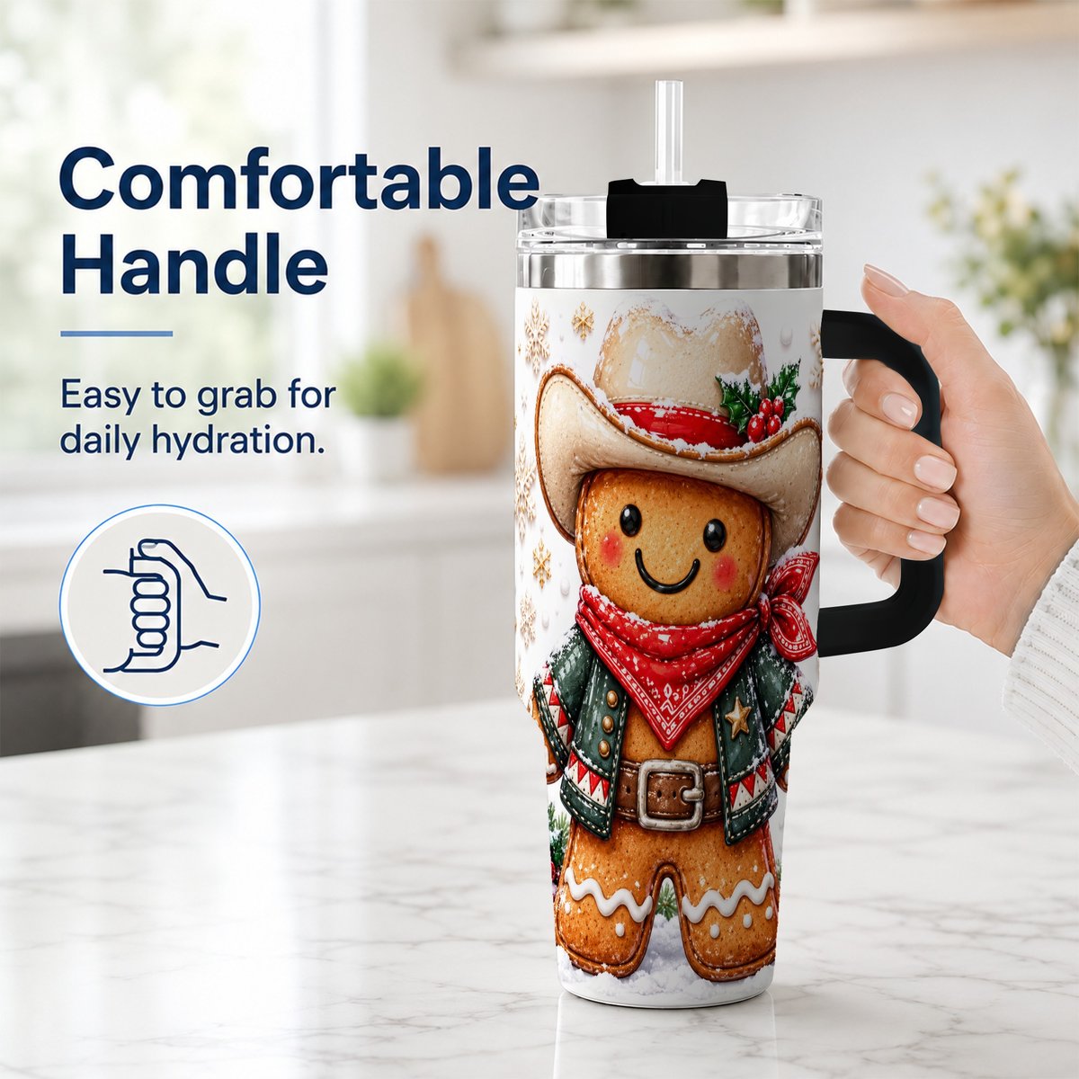 #pl[40oz|Black] Gingerbread Cowboy 40oz Tumbler with Handle, Holiday Travel Cup for Men