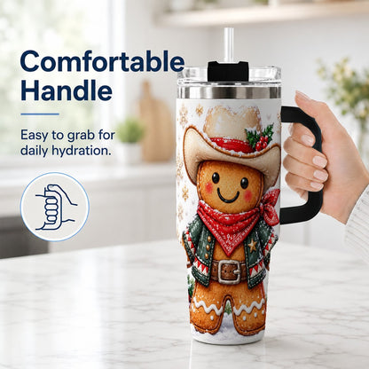 #pl[40oz|Black] Gingerbread Cowboy 40oz Tumbler with Handle, Holiday Travel Cup for Men