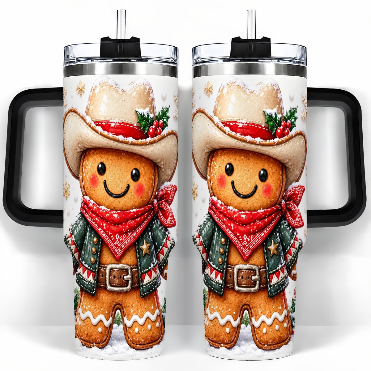 #pl[40oz|Black] Gingerbread Cowboy 40oz Tumbler with Handle, Holiday Travel Cup for Men