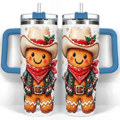 #pl[40oz|Blue] Gingerbread Cowboy 40oz Tumbler with Handle, Holiday Travel Cup for Men