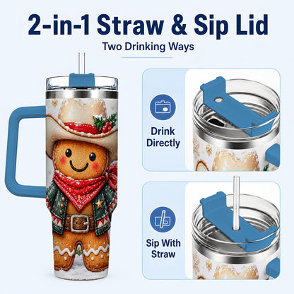 #pl[40oz|Blue] Gingerbread Cowboy 40oz Tumbler with Handle, Holiday Travel Cup for Men