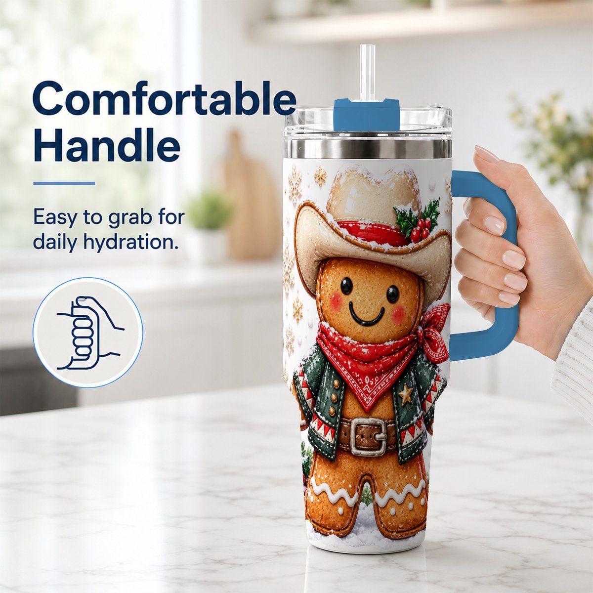 #pl[40oz|Blue] Gingerbread Cowboy 40oz Tumbler with Handle, Holiday Travel Cup for Men