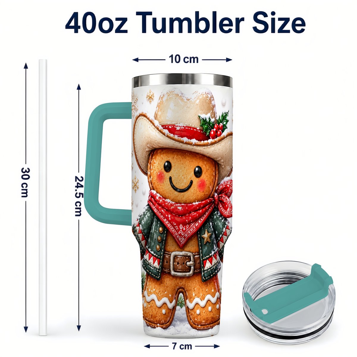 #pl[40oz|Green] Gingerbread Cowboy 40oz Tumbler with Handle, Holiday Travel Cup for Men