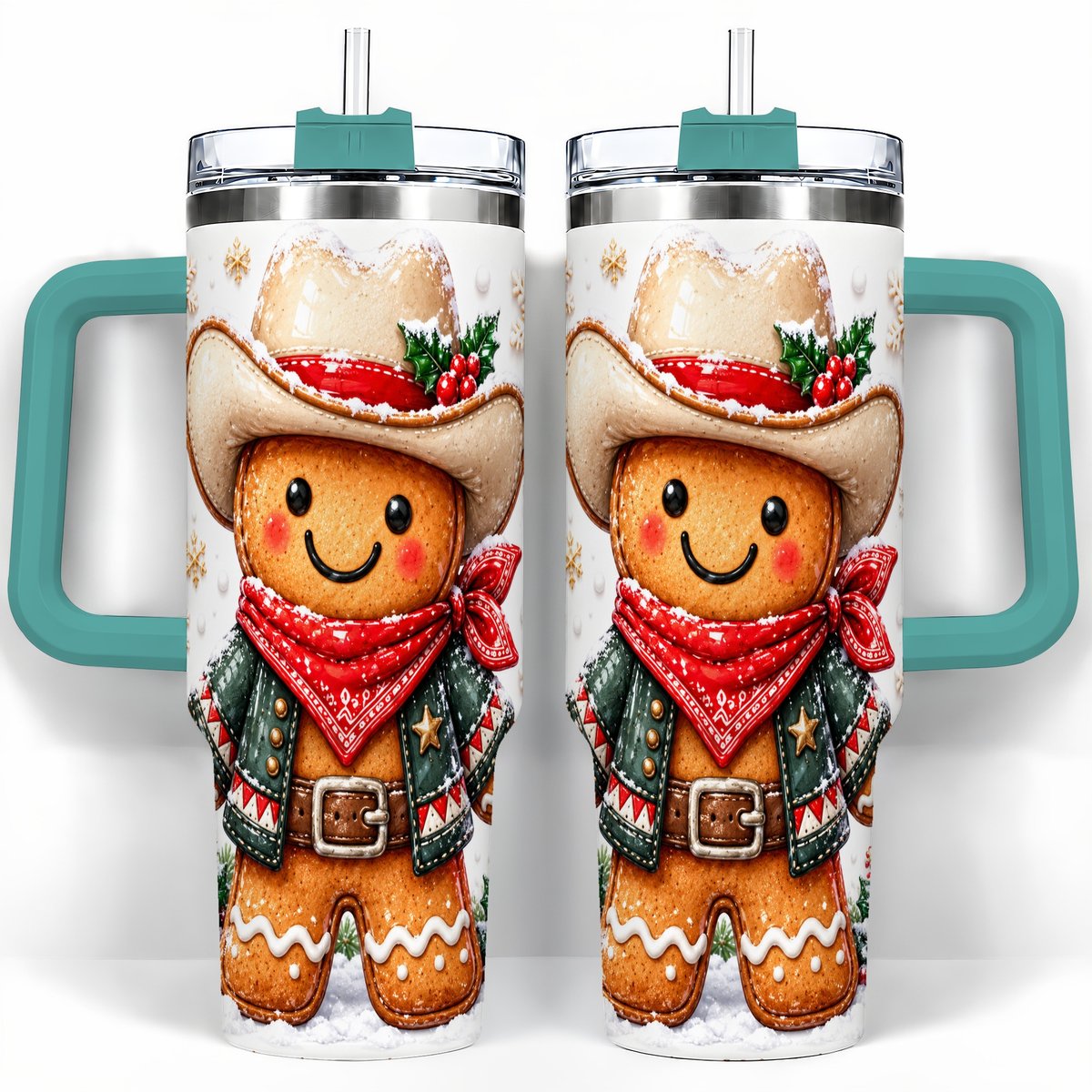 #pl[40oz|Green] Gingerbread Cowboy 40oz Tumbler with Handle, Holiday Travel Cup for Men