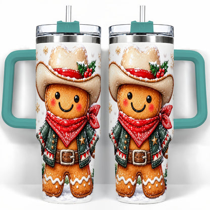 #pl[40oz|Green] Gingerbread Cowboy 40oz Tumbler with Handle, Holiday Travel Cup for Men